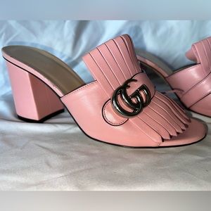 COPY - Gucci Malaga Kid GG Marmont Fringe Mid Heel Slide Sandals 39.5 Wild